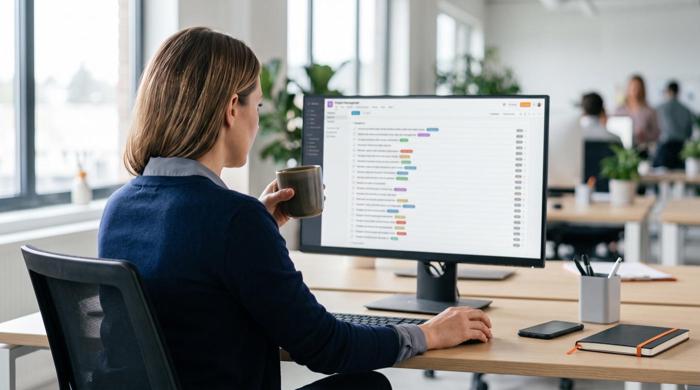An operations manager with a morning coffee reviewing a long list of follow-up items on a monitor