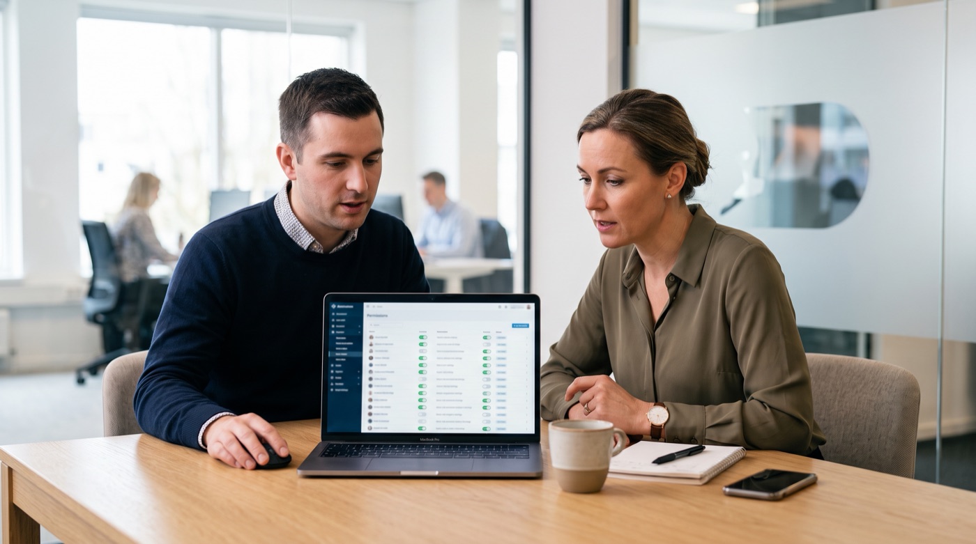 An IT administrator and a finance manager sitting side by side at a meeting table reviewing permission settings on a laptop