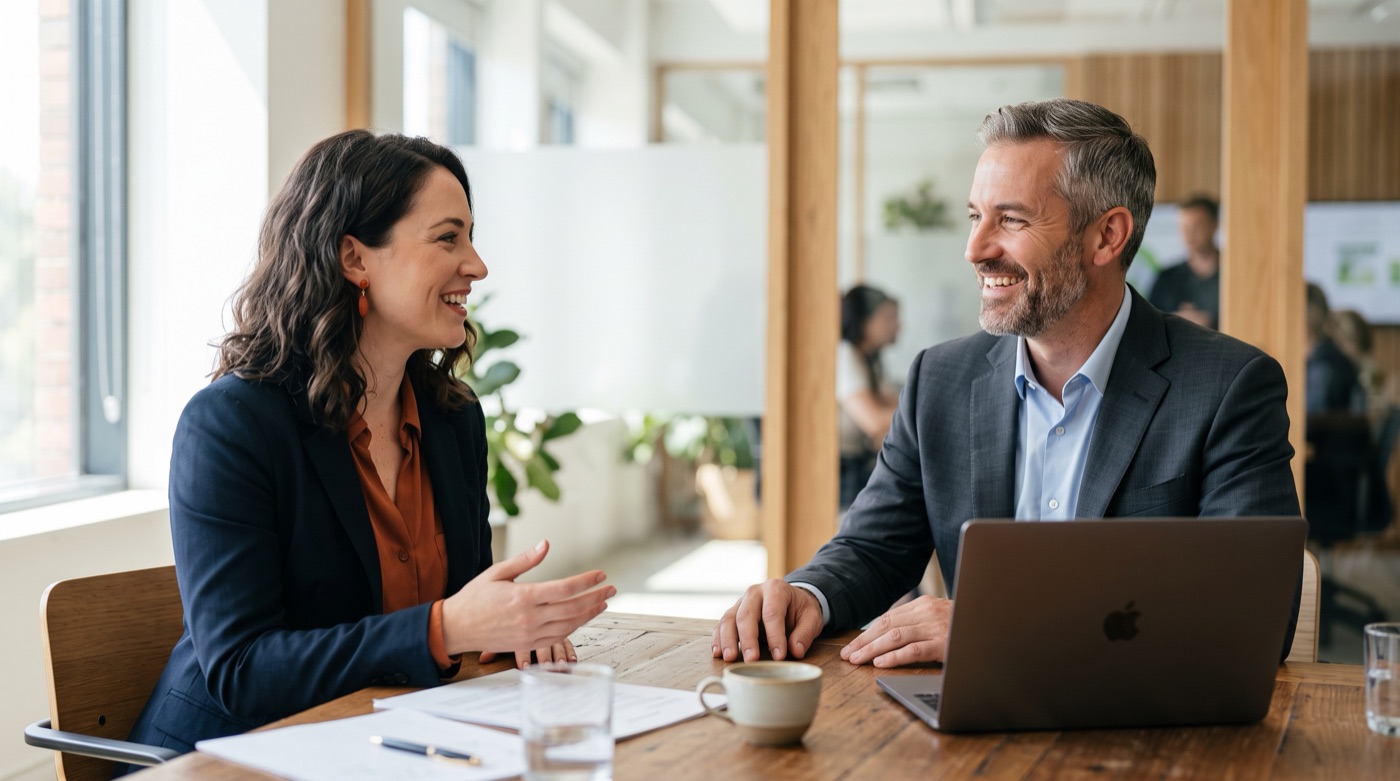 A sales lead talking face to face with a client across a table in a bright meeting room, both smiling
