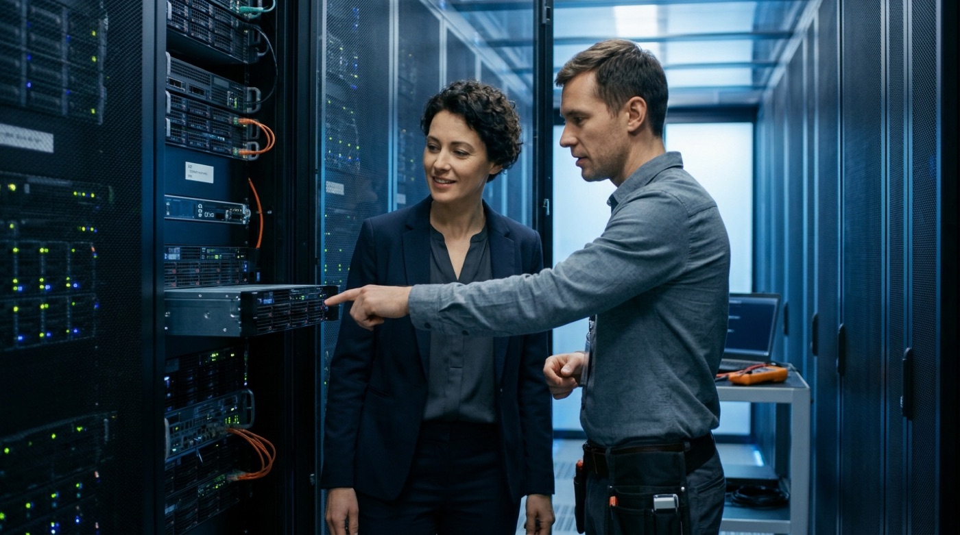 An IT director and an engineer checking a server rack in a company server room, preparing to deploy an internal AI system
