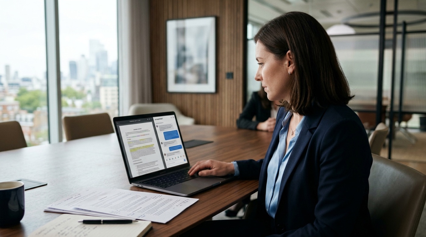 A lawyer in a law firm meeting room using an internal AI assistant on a laptop to organize a draft contract, screen text blurred