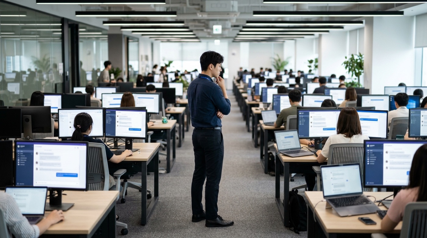 An IT staff member standing in an office aisle watching colleagues' workstations each running AI tools, looking thoughtful