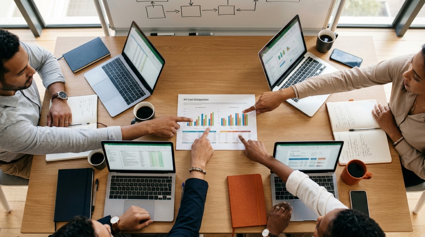 A management team discussing an AI rollout plan at a whiteboard, a cost spreadsheet printout on the table with text blurred