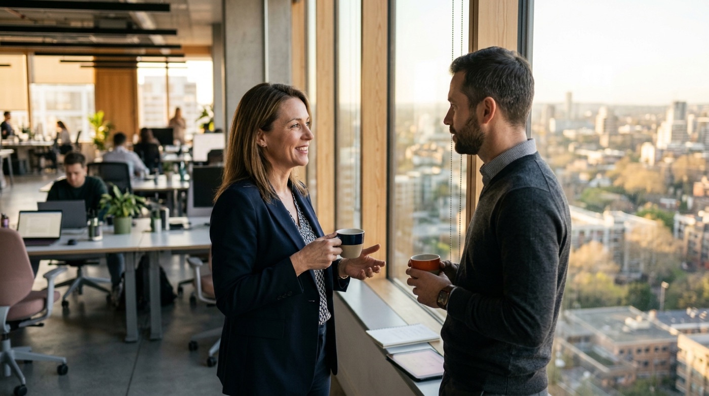 A business owner talking with a technology consultant by an office window, open-plan office in the background