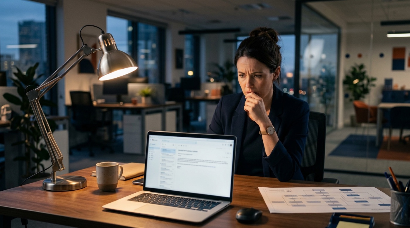 An operations manager at a desk in the evening reading a service termination email on a laptop, a printed workflow diagram spread beside it