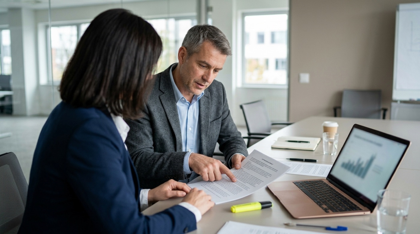 A legal adviser and a business owner in a meeting room reviewing a software service contract together, a laptop and highlighter on the table