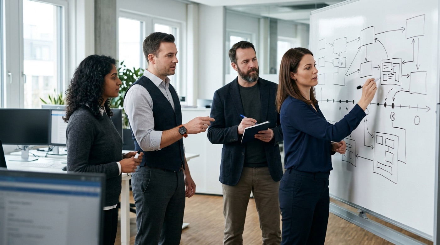 A project team in front of a whiteboard planning a system migration timeline, with data flow arrows and a timeline drawn on the board