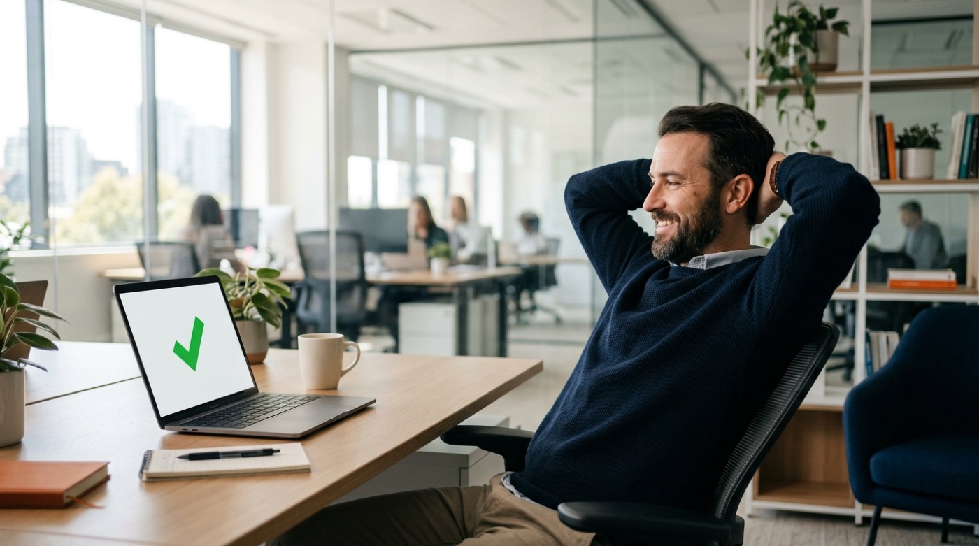 A business owner in a bright office leaning back in relief while looking at a laptop showing a completed data migration