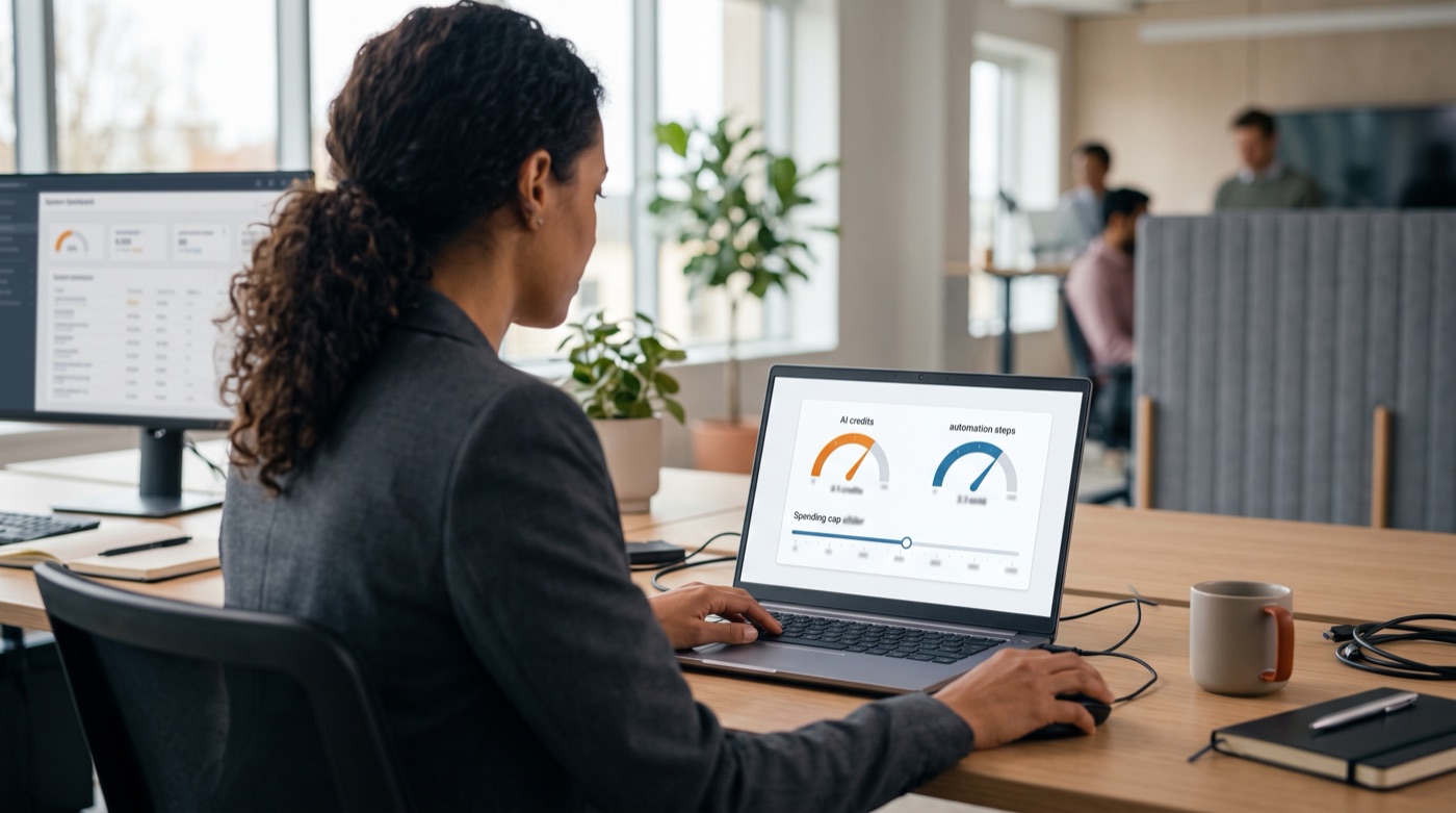 An IT administrator checks AI-credit and automation-step meters on a laptop