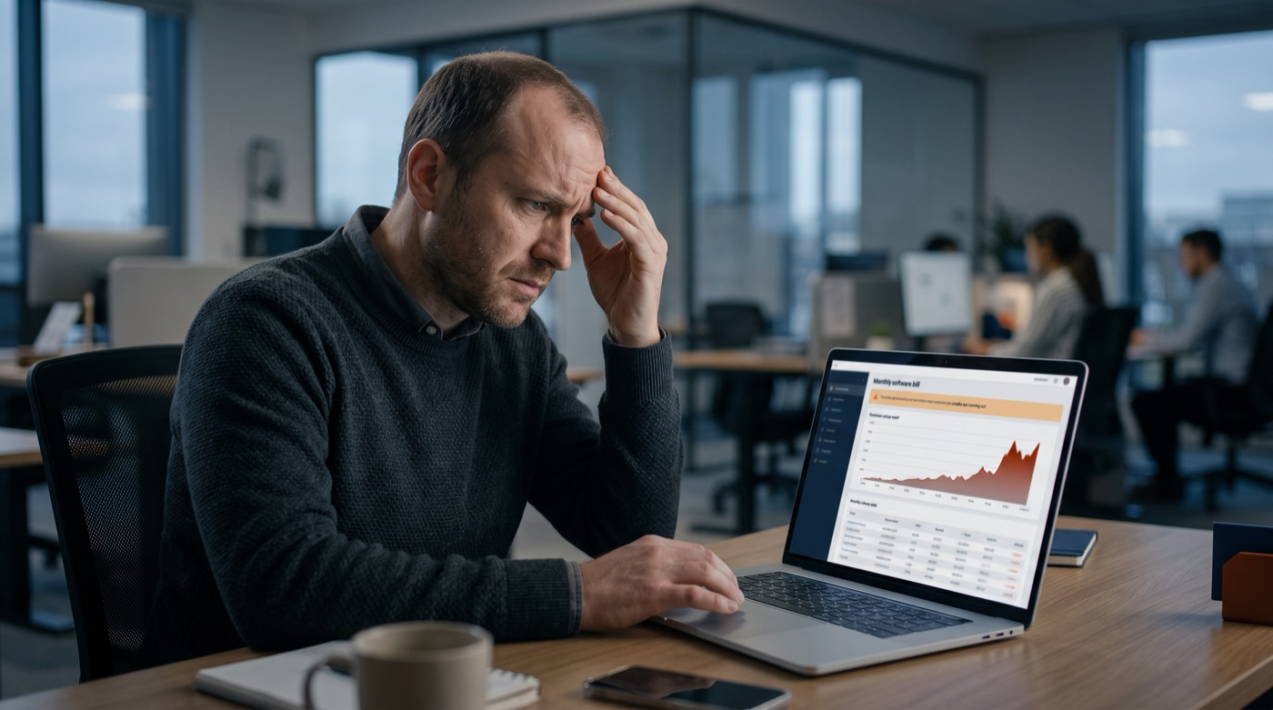 A manager frowns at a monthly software bill with a sharply rising cost curve