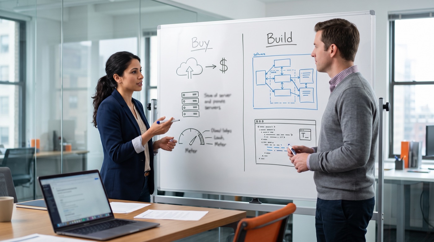 Two colleagues weigh build versus buy at a whiteboard