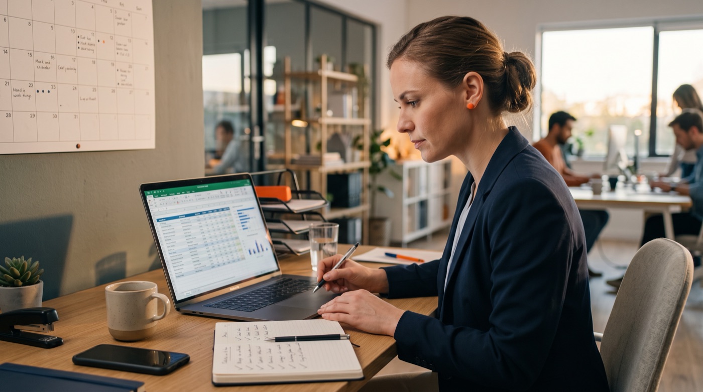 A manager audits her team's software usage report on a laptop