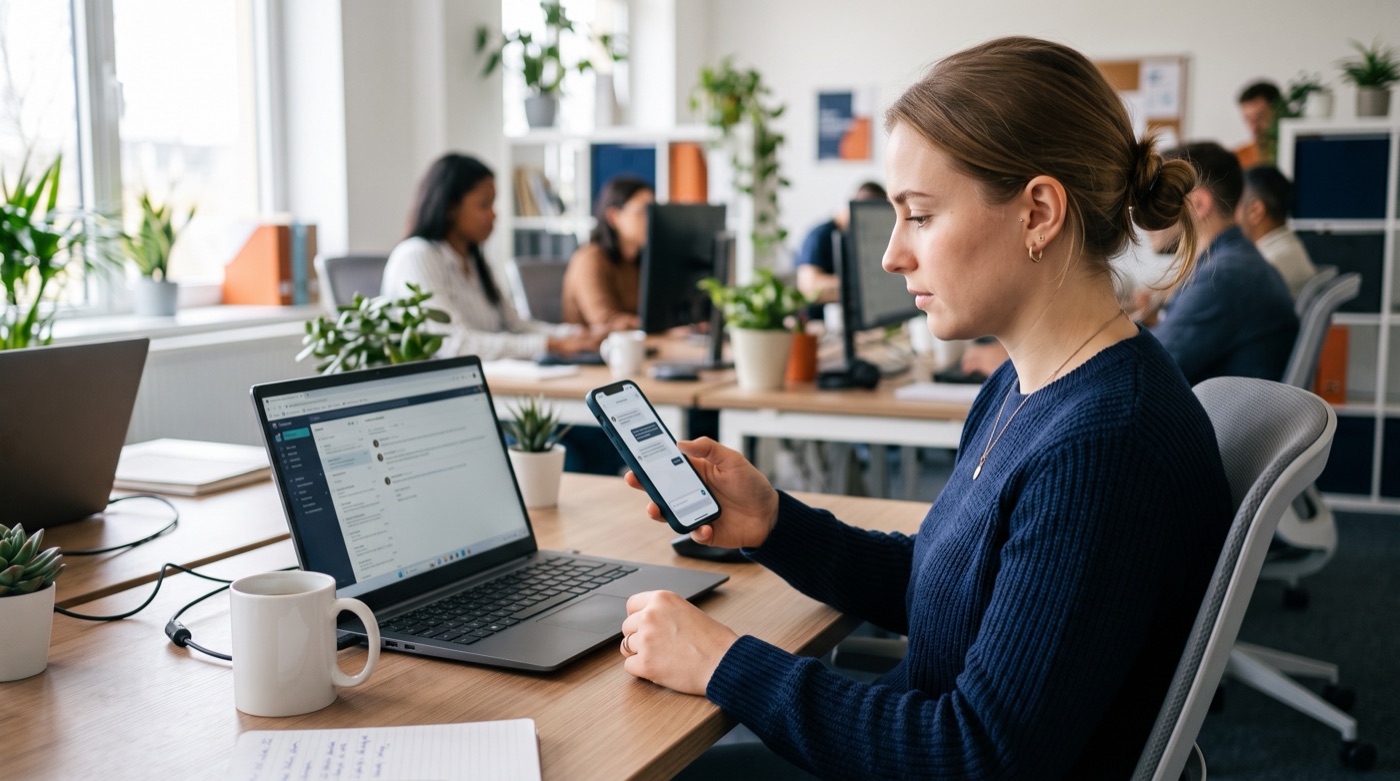 An office worker using an AI chatbot on her personal phone at her desk