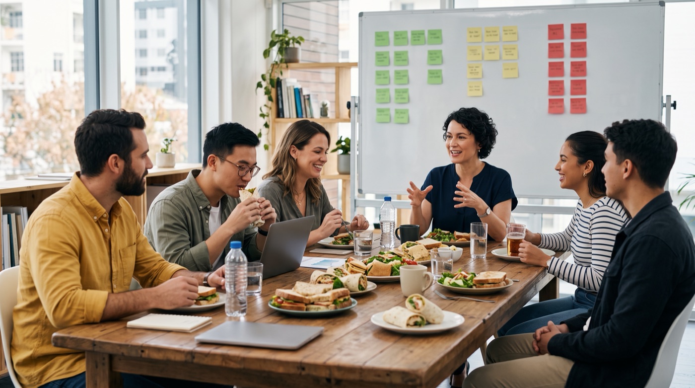 An owner and team reviewing their AI tools over lunch, with green, yellow and red sticky notes on a whiteboard
