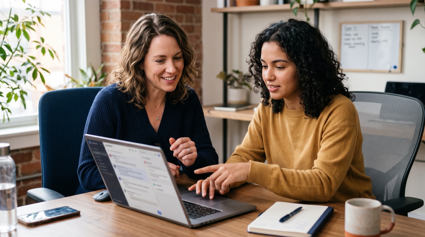 A manager and an employee reviewing how to use an approved AI tool together
