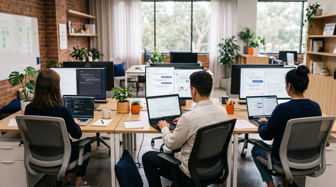 Staff in a small company office each using an AI chat assistant on their own laptop