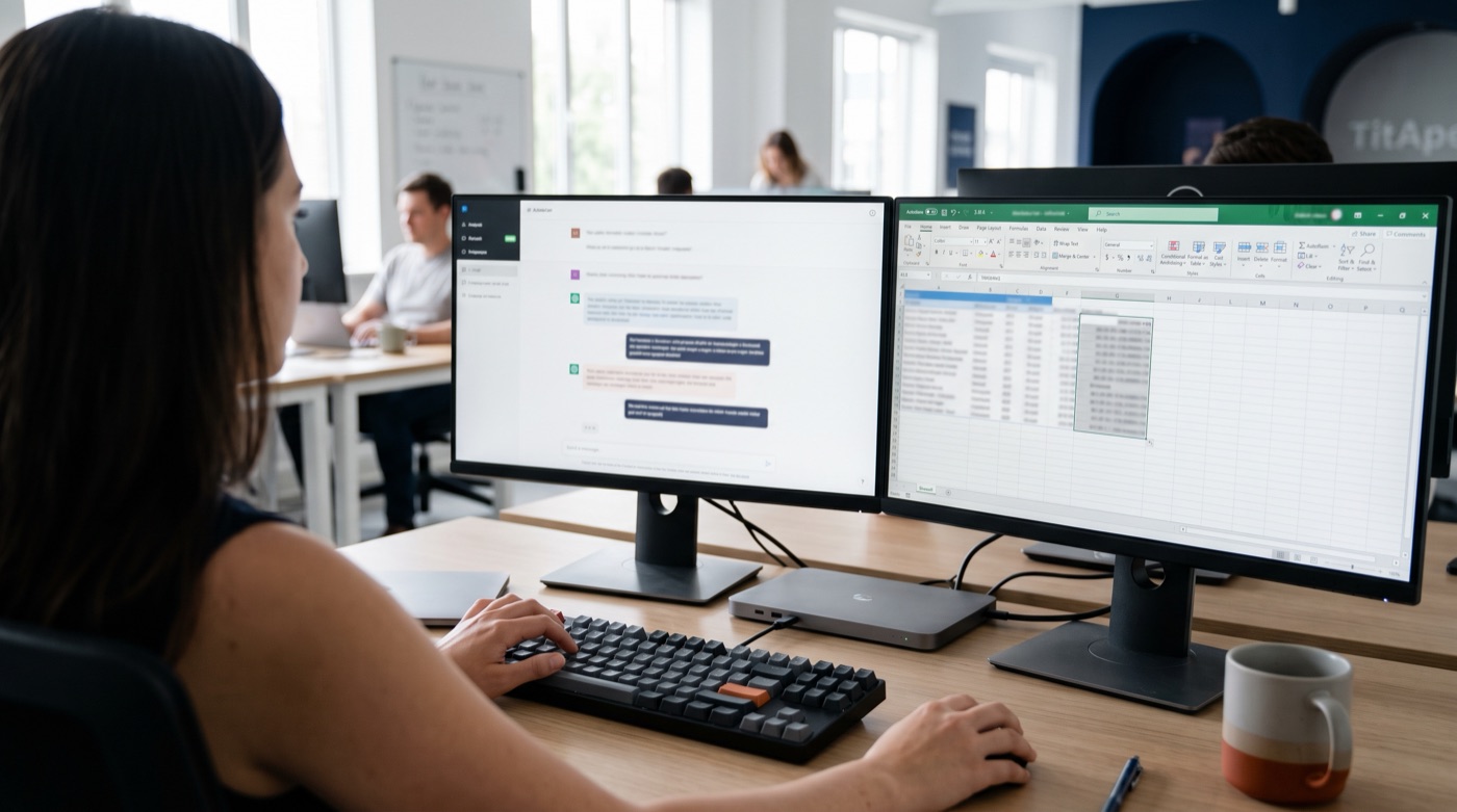 An office worker copying text from an AI chat window into a spreadsheet on the other side of the screen