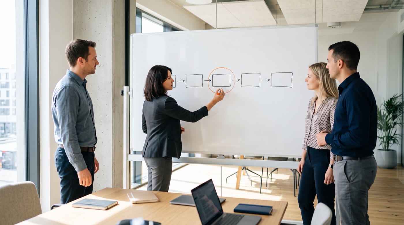 A team of four at a whiteboard, one person circling a single box of a workflow diagram in orange