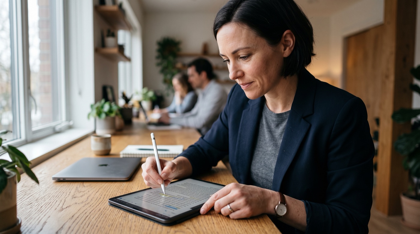 A business owner with a pen in hand reviewing and editing an AI-drafted customer reply on a tablet