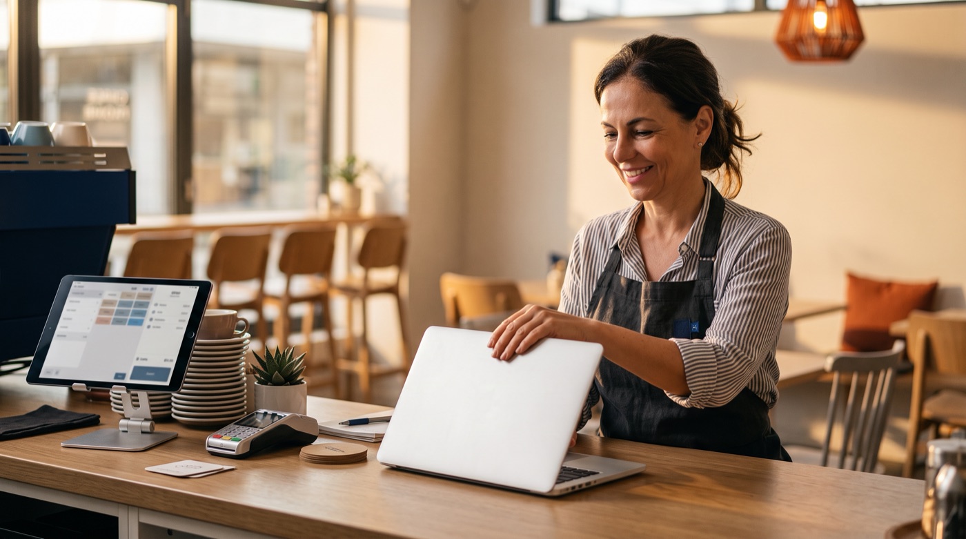 A cafe owner smiling as she closes her laptop at the end of the day, with a tidy counter and an order tablet beside her