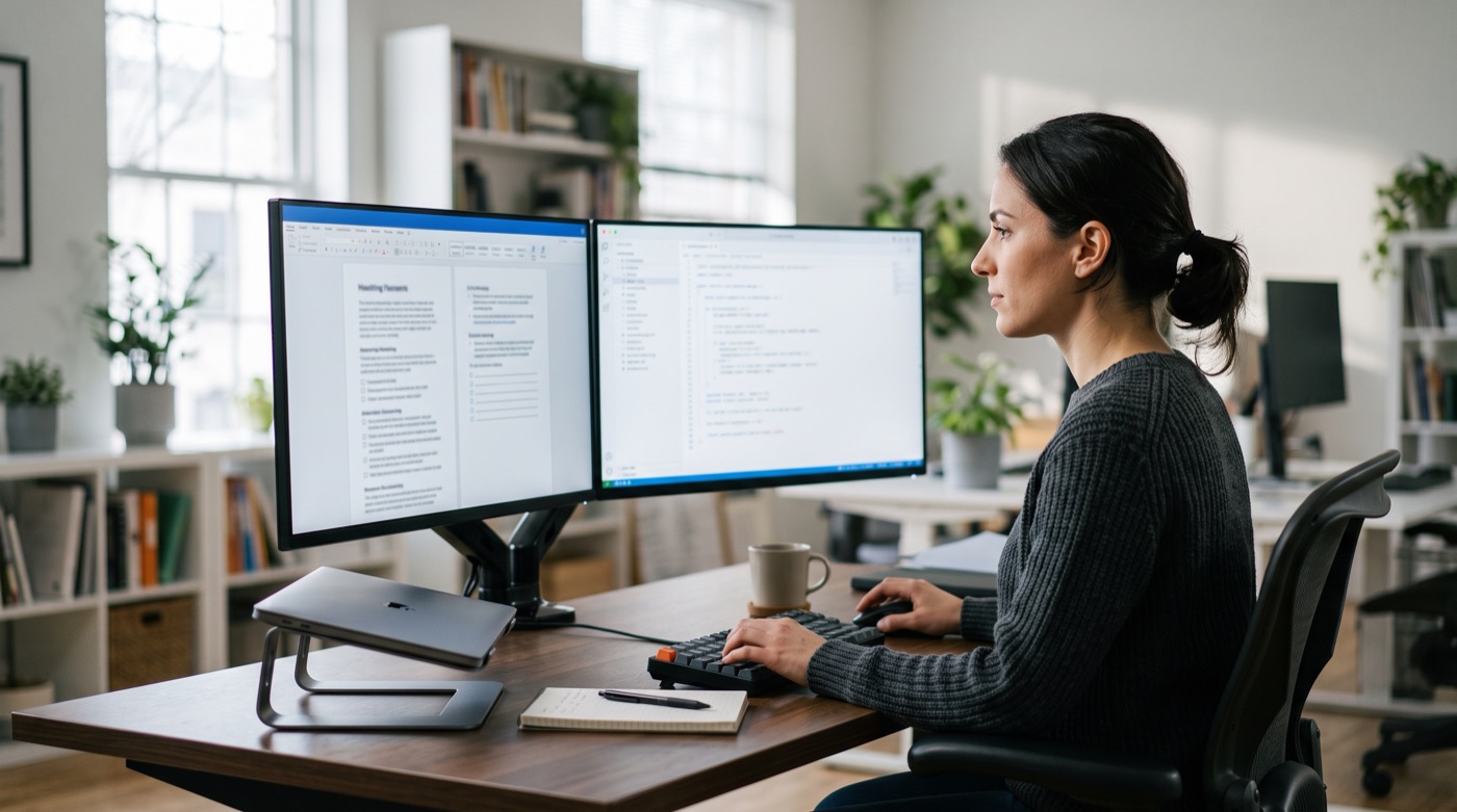 A developer at two monitors, a structured specification document on the left and code on the right