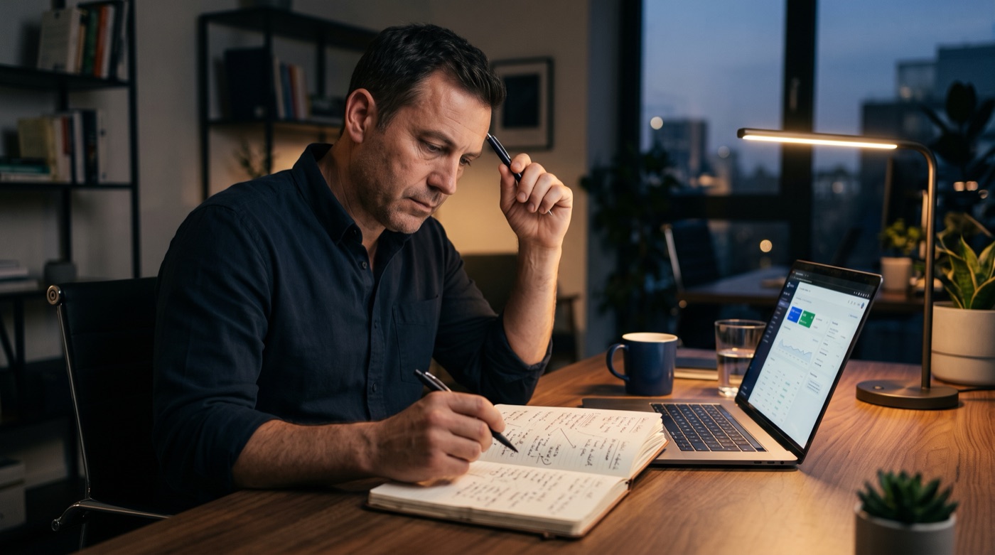 A business owner at his desk in the evening, pen in hand, thinking over a notebook of handwritten notes beside an open laptop