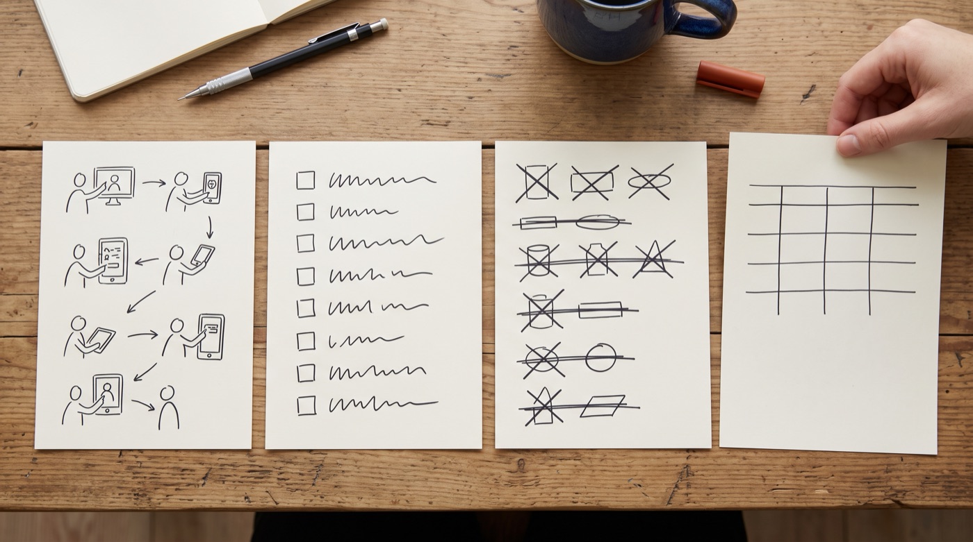 Four hand-drawn sheets laid in a row on a wooden table: a user flow, a checklist, crossed-out items and a data table