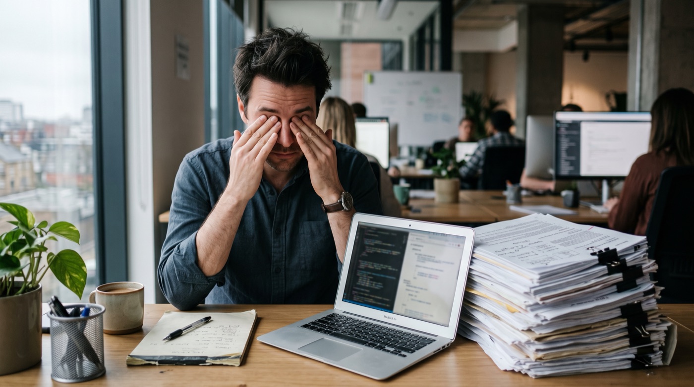 A tired project manager rubbing his eyes beside a towering stack of printed documents and a small laptop