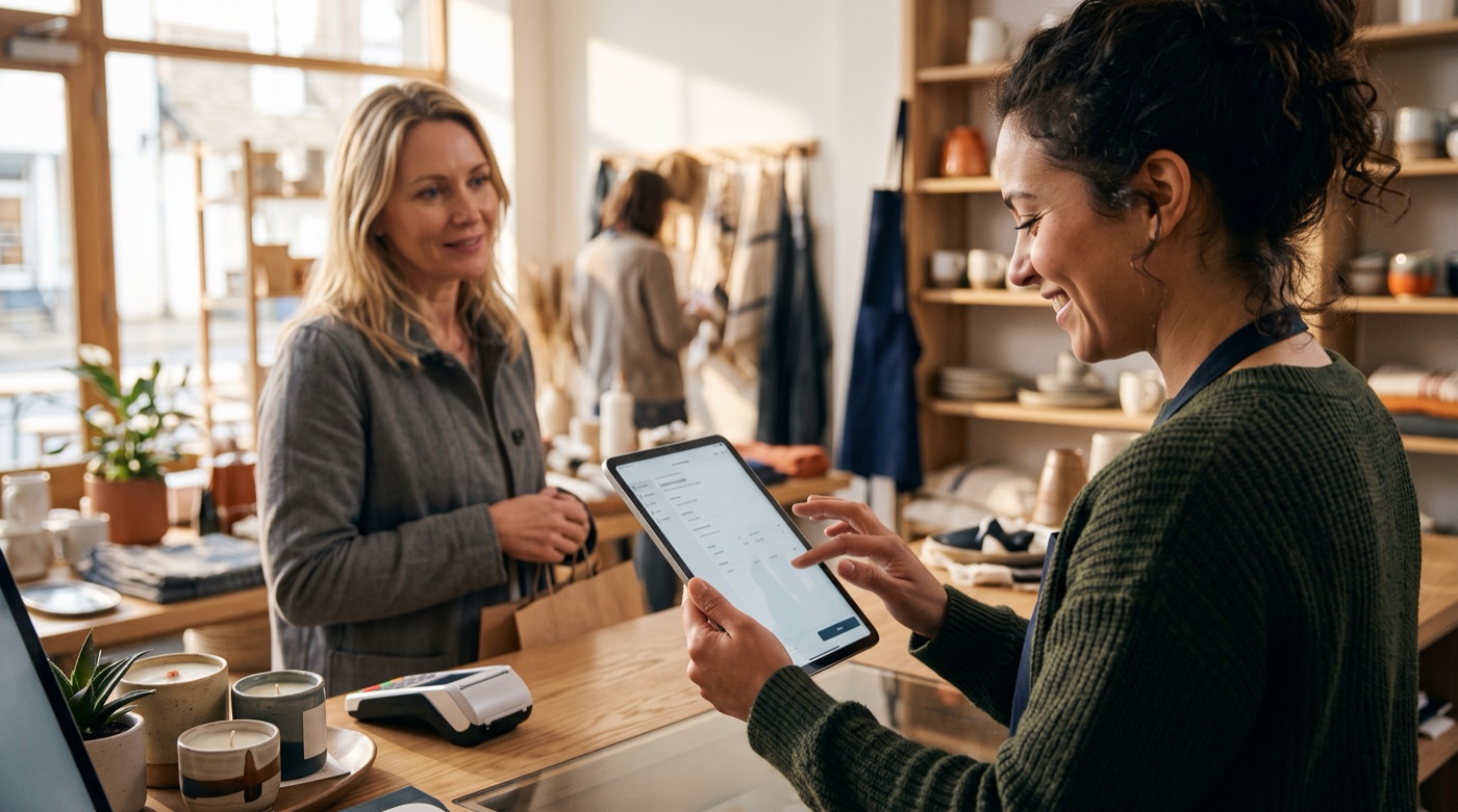 A shop owner smiling as she uses a custom app on a tablet at the counter while a customer waits