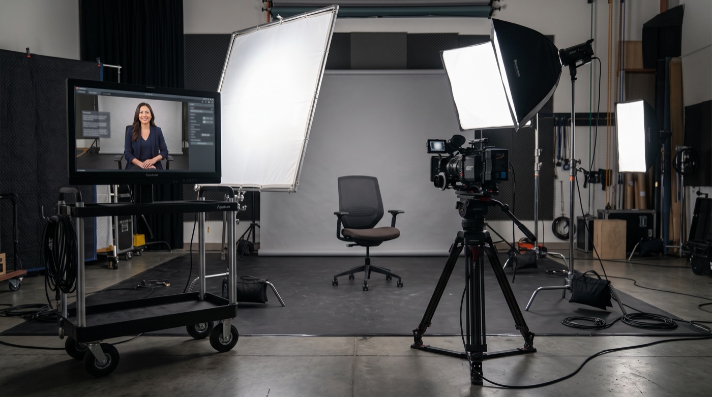 An empty studio with a camera pointed at an empty chair, while the monitor beside it shows an AI-generated presenter sitting there