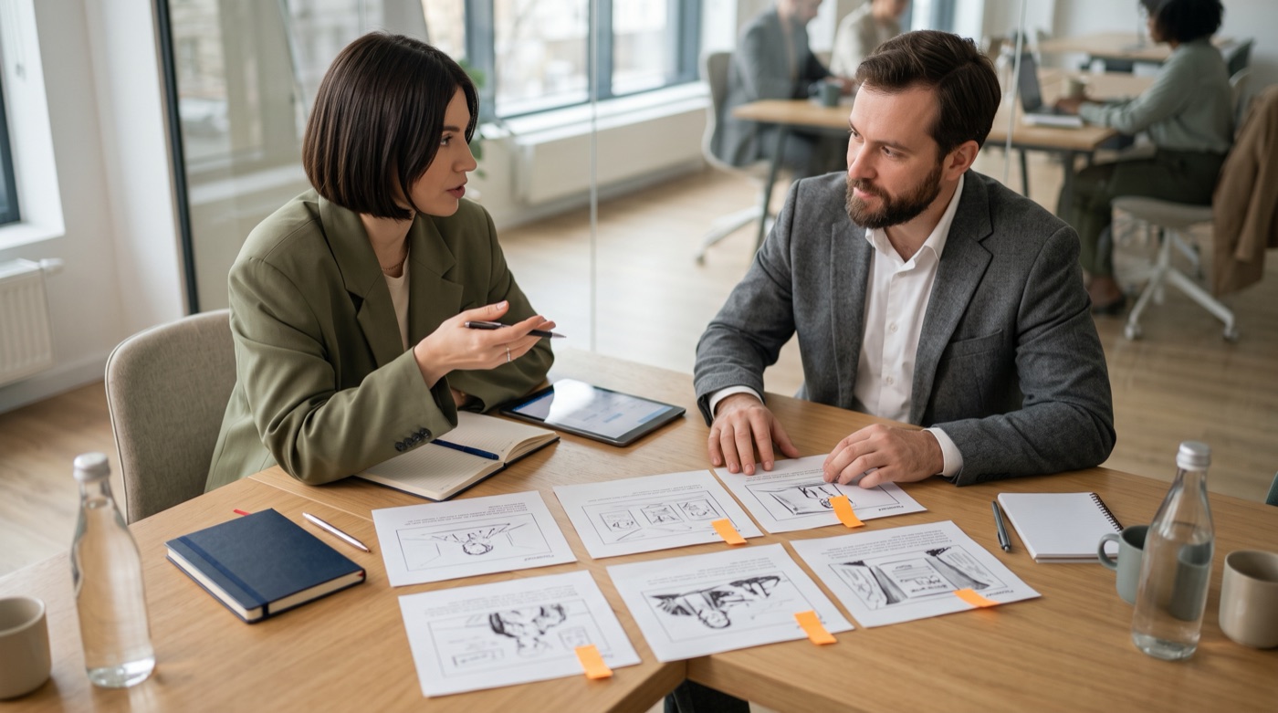 A creative director and a legal counsel going through printed ad storyboards at a meeting table, a few frames tagged with labels