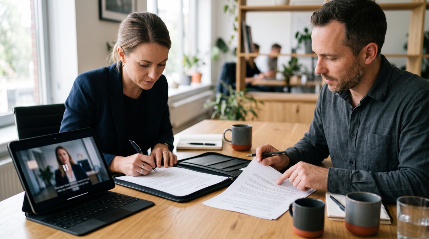 Two people reviewing and signing a contract at a table, a tablet beside them showing a paused video of an AI-generated presenter