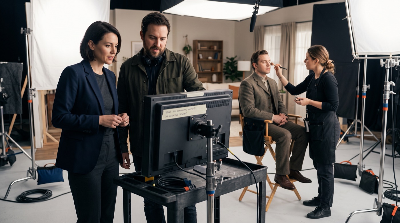 A brand owner and a director talking at a monitor on set while a human actor is in makeup behind them