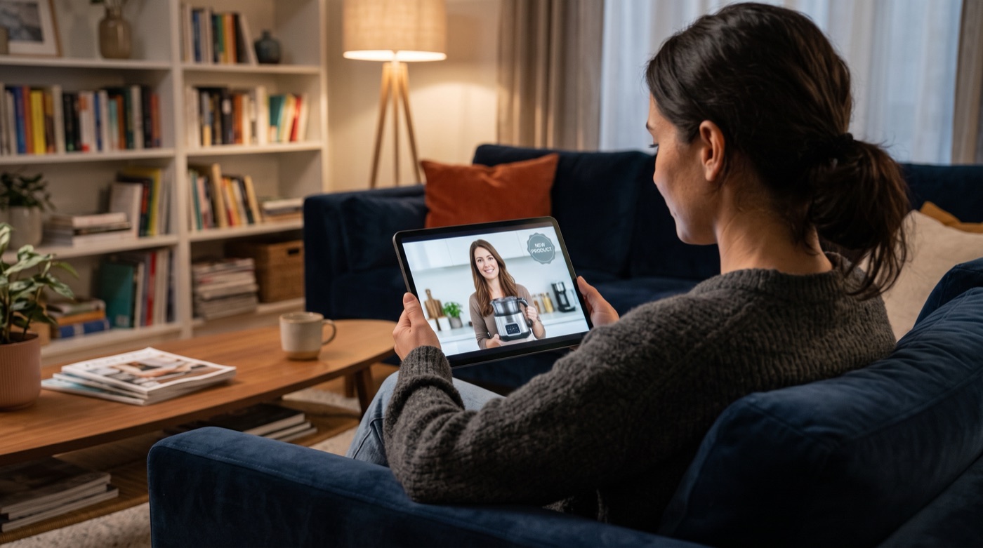 A viewer on her living room sofa watching a brand video on a tablet, with a small label in the corner of the frame