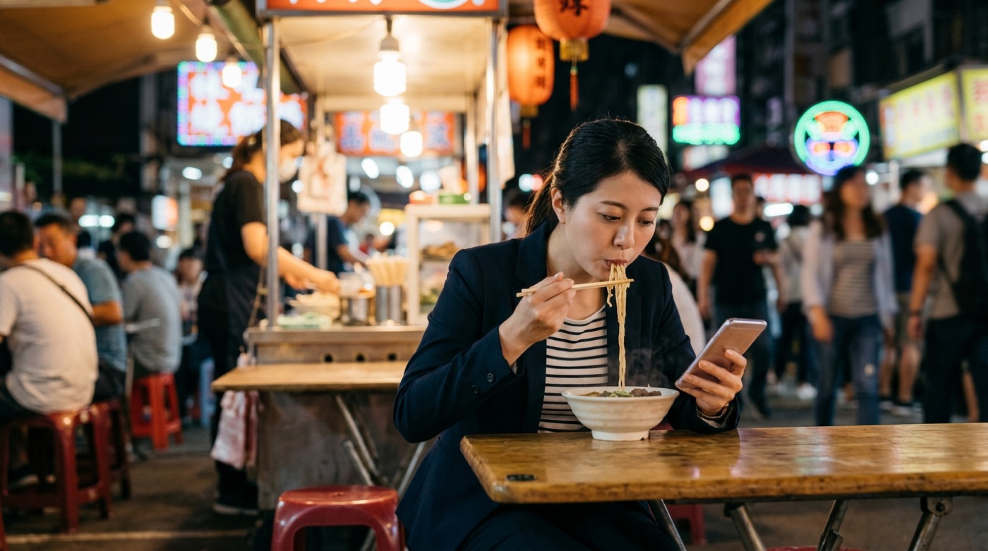 A young office worker sitting at a Taipei street food stall at night, scrolling a social feed on a phone