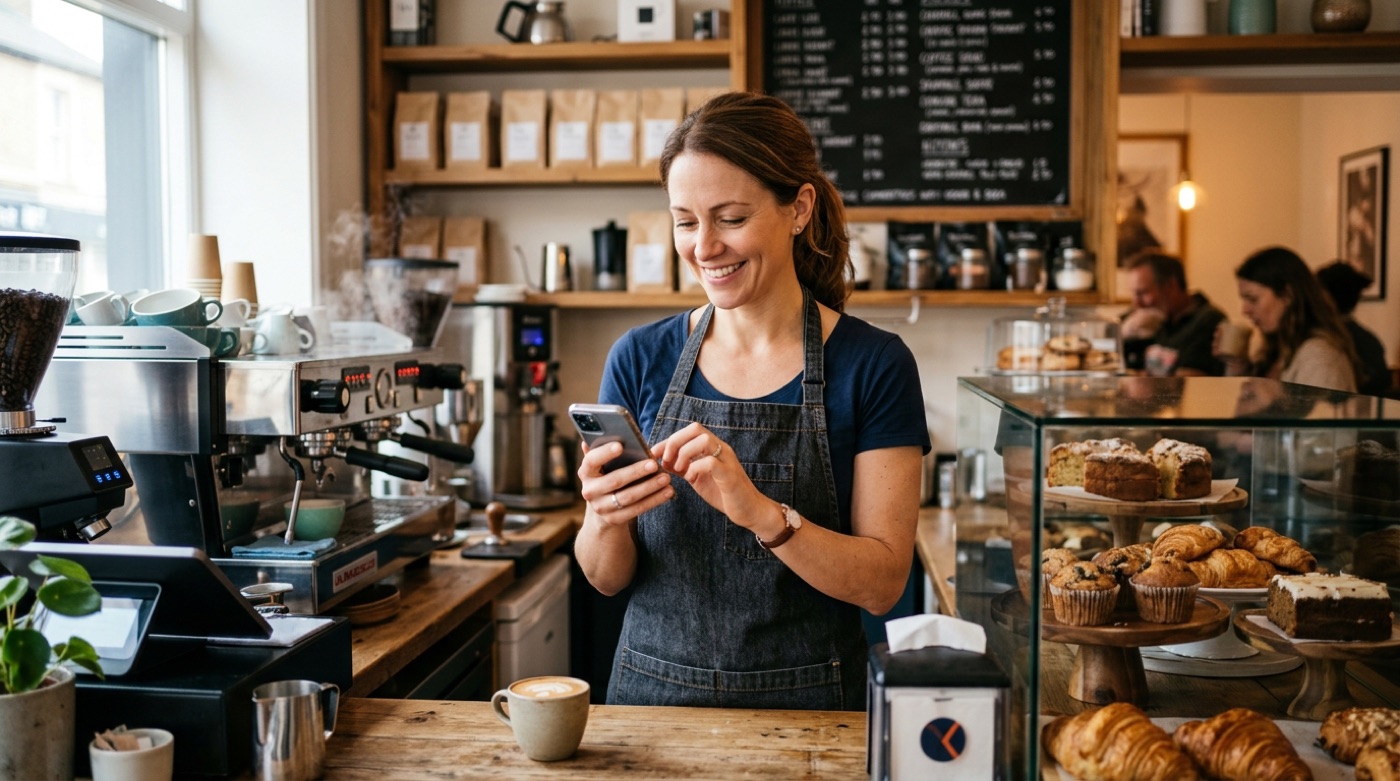 A café owner behind the counter, smiling while replying to comments on a phone