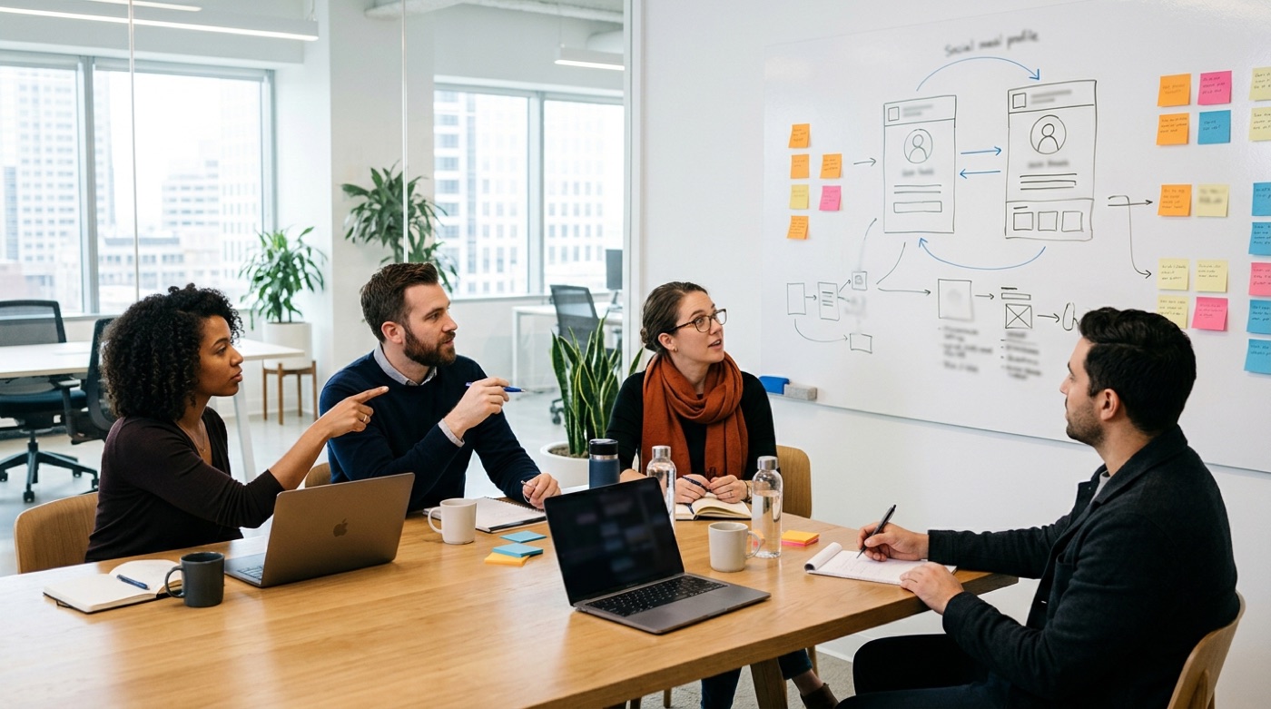 A small brand team seated around a meeting table, looking at a whiteboard sketch of a social account plan