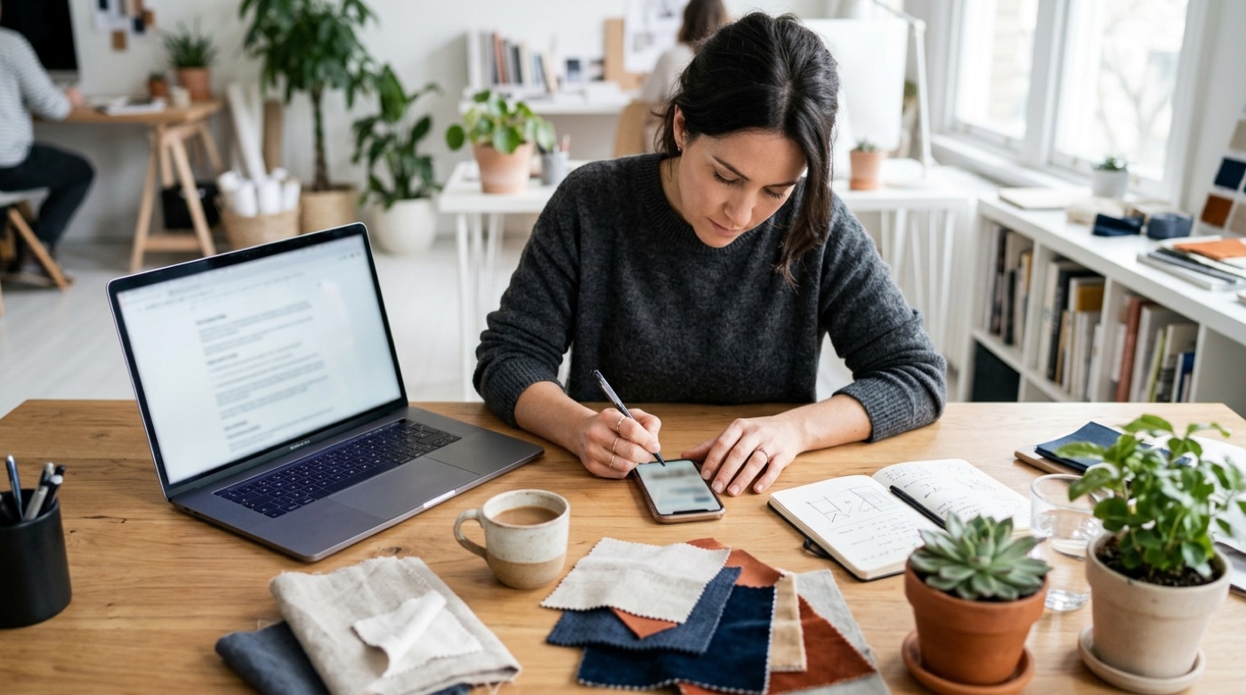 A brand owner in a bright studio, phone and laptop open, focused on writing a post
