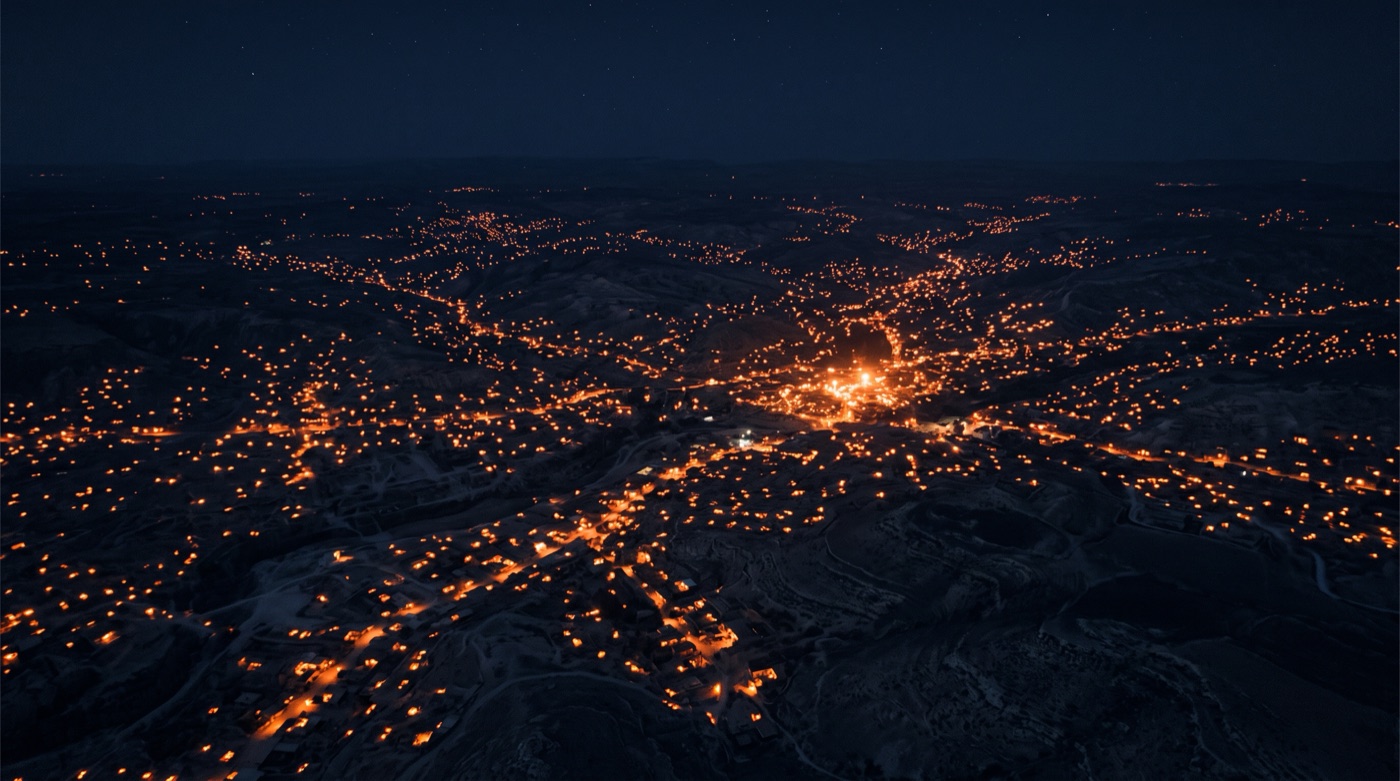 An aerial night view of countless small warm lights spreading across a dark landscape