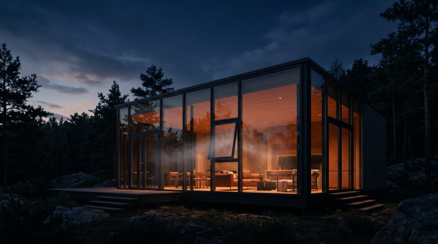 A glass house glowing at dusk in a forest, one small window left open with mist drifting in