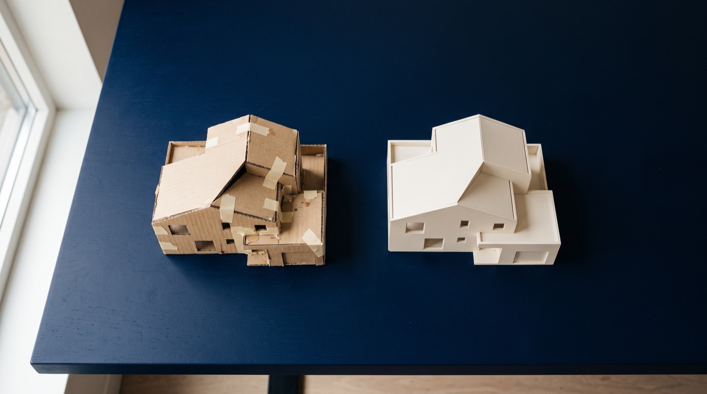 A taped cardboard prototype and a clean white finished model of the same house on a navy desk