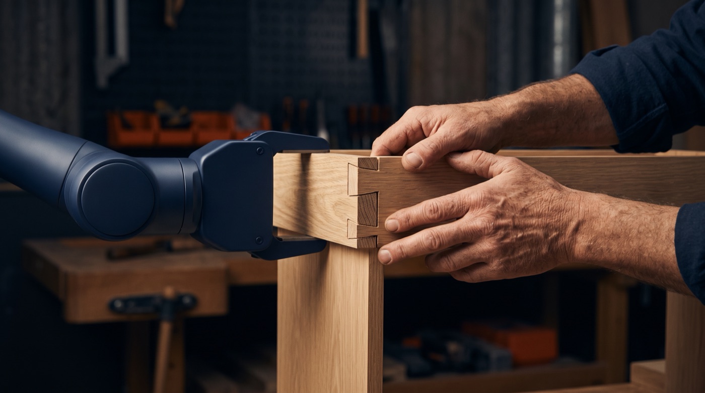 A craftsman's hands fitting a dovetail joint while a navy robotic gripper steadies the wood
