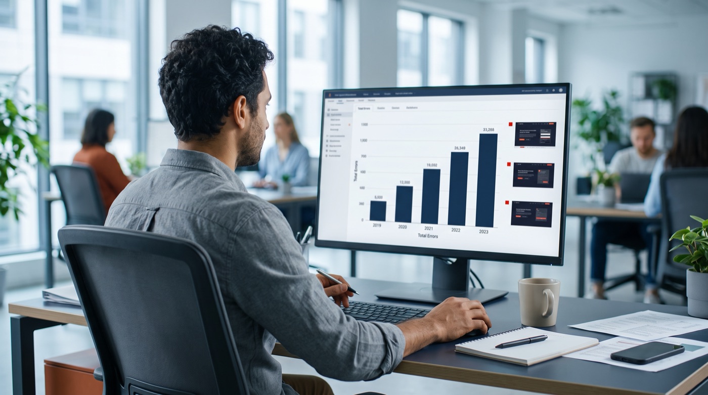 An accessibility analyst reviews a chart of website error counts rising year over year