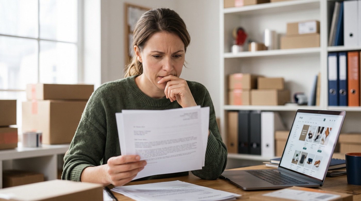 An online store owner reads a legal letter about website accessibility in her back office