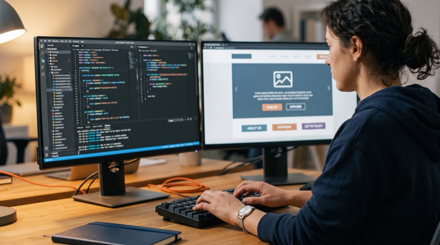A front-end developer writes code while previewing the fixed website on a second monitor