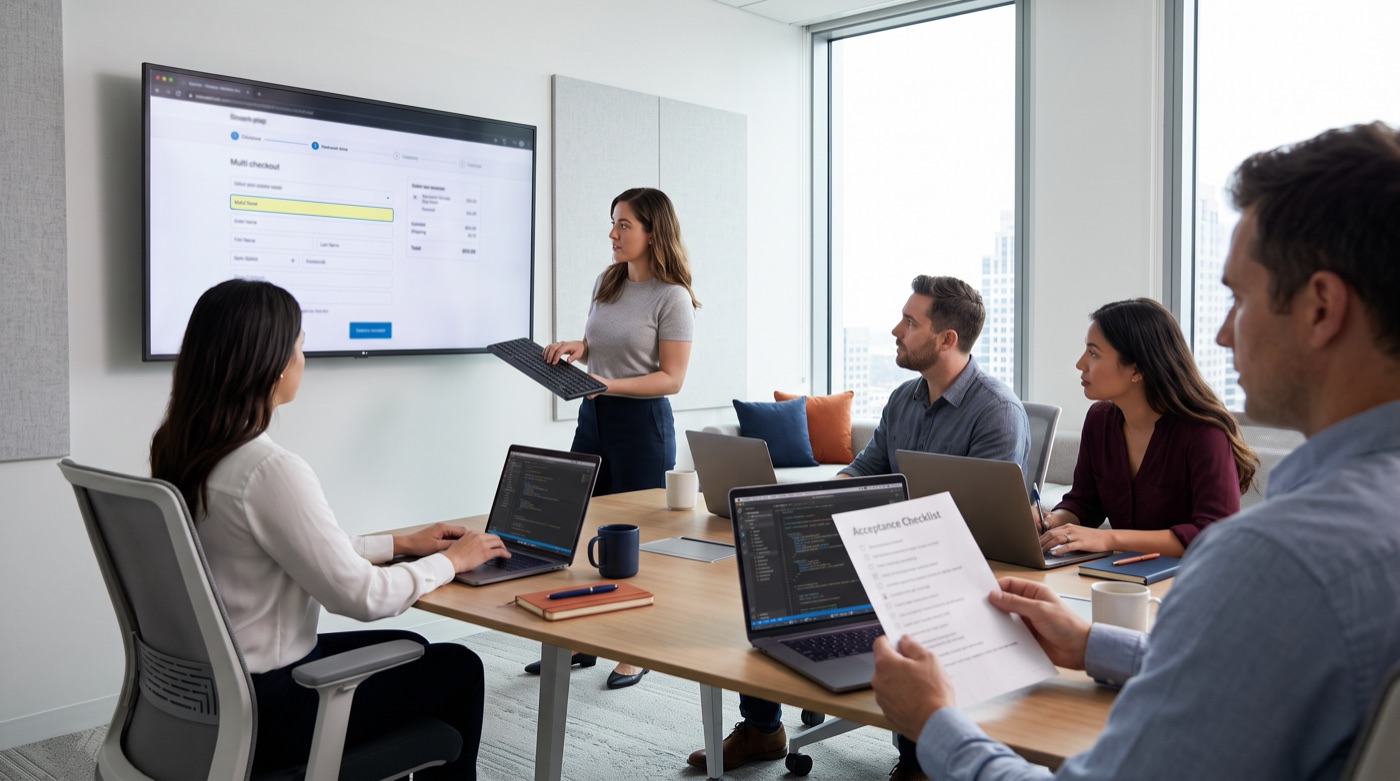 A client and development team watch a tester complete checkout using only the keyboard