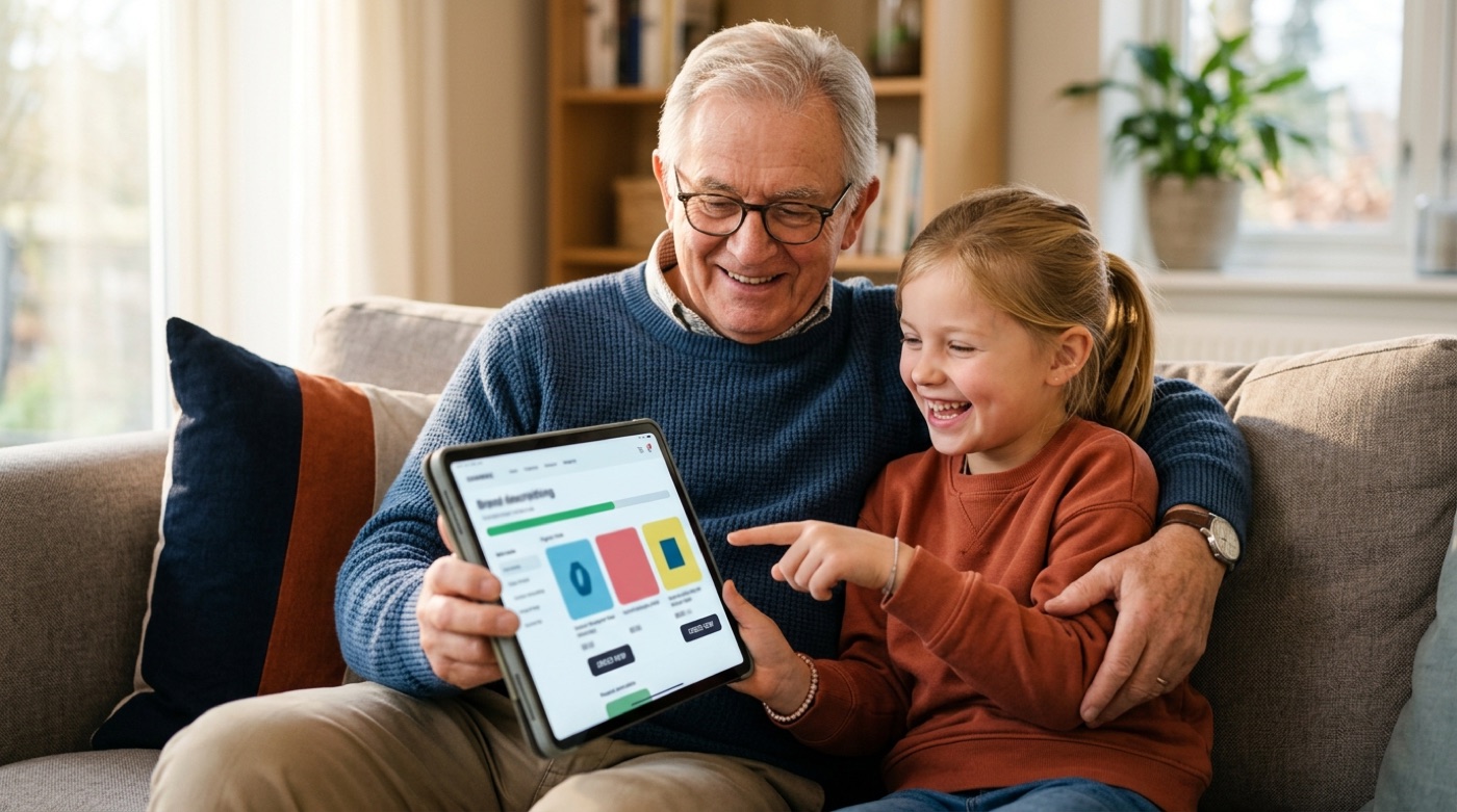 A grandfather and granddaughter complete an online order together on a tablet